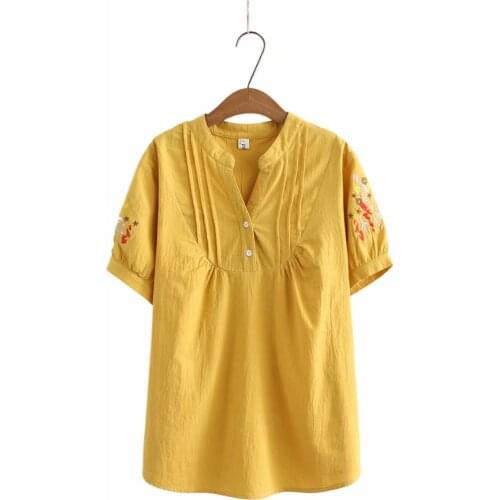Plus size V-Neck short sleeve Fold embroidery women t shirt 2021 pink yellow white summer ladies tshirts female T-shirts tops