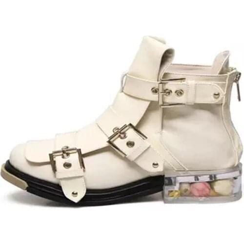 Ladies Beauty Rose Flowers inside Lucency sole Buckle Ankle Boots Runway Transparent Low Heels Female Patent leather Botte Shoes
