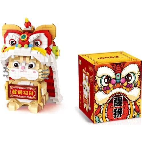 950pcs+ Cute Lion Dance Fortune Cat Mini Building Blocks Chinese Culture 3D Model Loz Micro Bricks Toy for Children