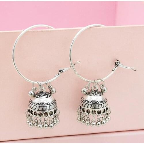 Bohemian Indian Ethnic Hoop Jhumka Earrings Women Party Big Circle Bells Tassel Earrings Thailand Tribal Statement Jewelry Gift