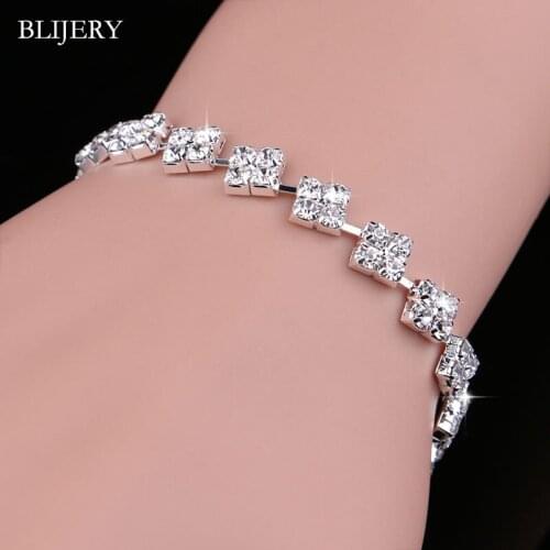 BLIJERY Sparkling Silver Plated Crystal Bracelets For Women Squares Shape Bracelets & Bangles Bridal Wedding Jewelry Accessories