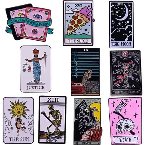 Tarot Card Enamel Pin Death Sun Moon Justice Slice Night Circus Demons Badge Witch brooch Mystical Witchcraft Divination Gift