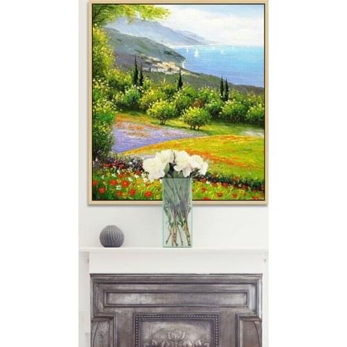 Artist sales hand painted oil painting on canvas Seaside Landscape painting Flowers by the sea