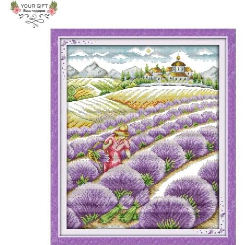 Joy Sunday F643(2) 14CT 11CT Counted and Stamped Home Decoration Lavender Field Flower Needlepoint Embroidery Cross Stitch kits