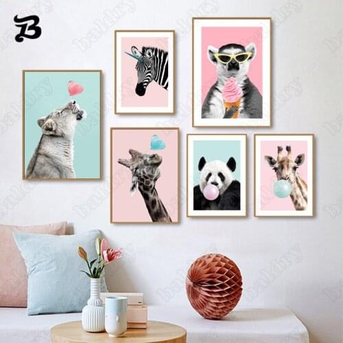 Animals Paintings On Canvas Pink Wall Art Cartoon Giraffe Zebra and Panda Posters and Prints for Kids Bedroom Warm Decoration