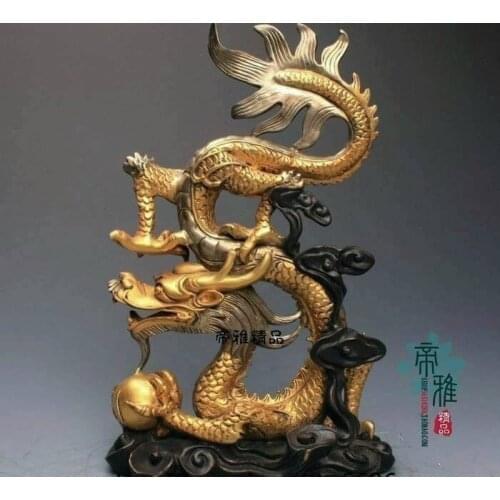 China Bronze Copper 24K Gold Gild Silver Palace Zodiac Dragon Hold Bead Statue
