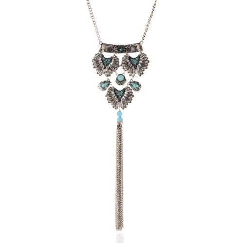 Summer Long Tassel Pendant Necklace With Stone 2019 Vintage Silver Chain Tibetan Necklaces Pendants Women Jewelry SNE160039