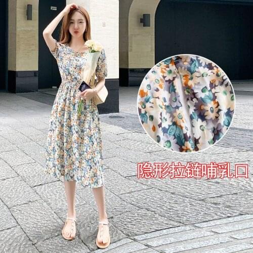 Summer Chic Ins Fashion Maternity Nursing Dress Floral Printed Chiffon A line Slim Waist Feeding Clothes Pregnancy Mother