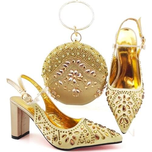 Top sale gold women pumps with nice crystal style decoration african dress shoes match handbag set MD012,heel 9CM