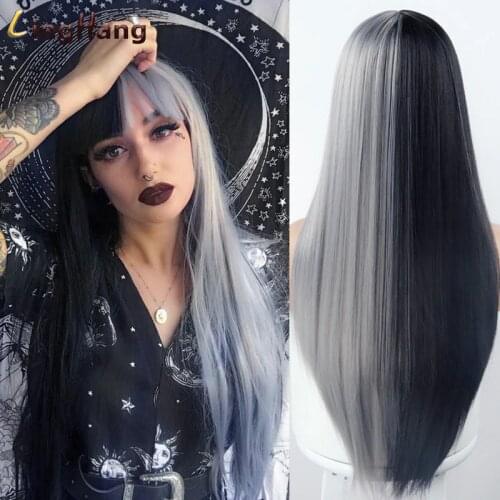 Linghang Gray and Black Wig Long Straight hair Cosplay Wig Two Tone Ombre Color Women Synthetic Hair Wigs