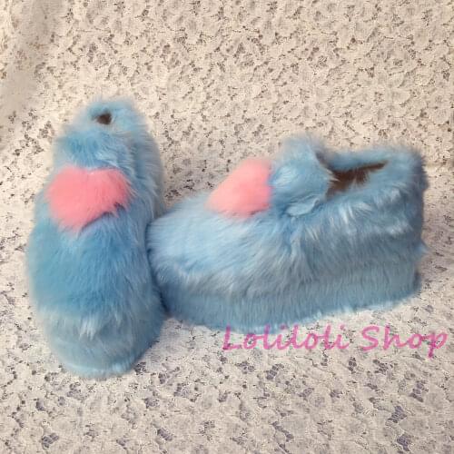 Princess sweet lolita shoes Lolilloliyoyo antaina shoes custom thick bottom blue flock skin with pink heart flat shoes 4192s-3