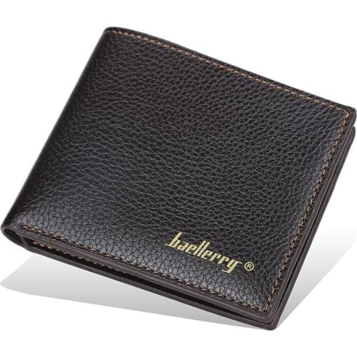 Mens solid color, short style, wallet, litchi pattern, open, wallet, thin style, simple, soft leather wallet, card holder