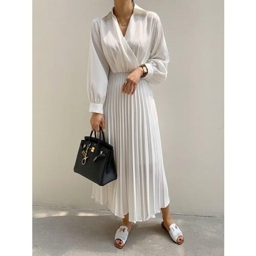 2021 New Korean V-Neck A-Line Pleated Solid Color Dress Long Dress Female Spring Autumn One-Piece Fashion Casual Dress