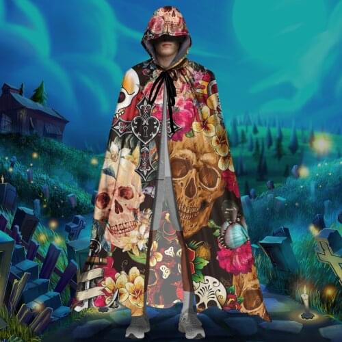 Unisex Adult Hooded Cloak Rose Sugar Skull Brand Design Halloween Christmas Cloak Vampires Witch Long Cape Cosplay Costume 2021