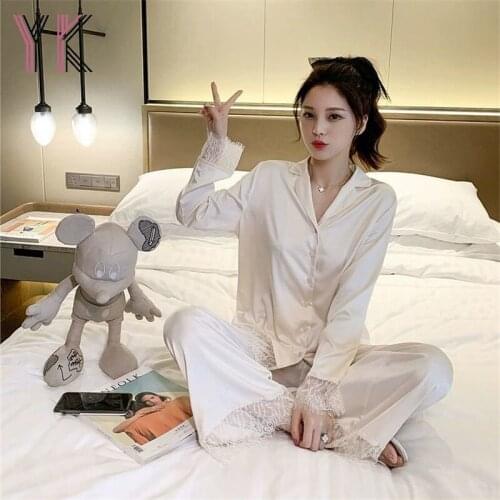 Silk Lapel Turn Collar Button Shirt + Lace Wide-Leg Pant Pajama Set Cardigan Top WomenS Home Wear Two Piece Spring Night Suit