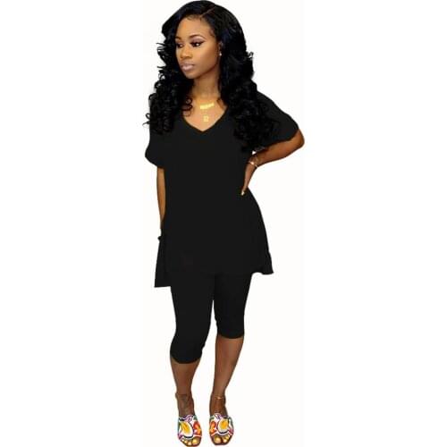 Adogirl Women Leisure Home Tracksuits V Neck Top Hem Split Short Sleeve Top And Pencil Pants Casual Two Pieces Set Sportswear