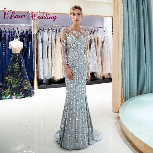 Formal Dress Sheer Neck Heavy Beaded Long Sleeves Evening Gowns Custom made Mermaid Sweep Train abiye gece elbisesi Gowns