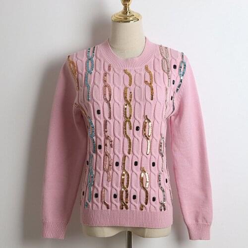Knit Sweaters Women Pullover Sweater Top Sequins Pink Green Long Sleeve Casual Sweater