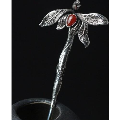 Chinese Red Jade Hair Stick 925 Sterling Silver With Natural Stone Vintage Leaf Flower Hair Pins Accesories For Women Jewelry