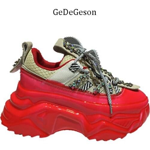 Genuine cowhide leather Shoes Women Colorful Bling Decoration Spring New Leisure Style Height Increase Shoes Thick Platform