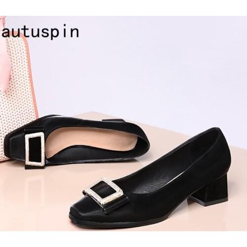 Autuspin Brand Pumps Women 2021 Autumn Fashion Genuine Leather Square Heels Ladies Crystal Button Decoration Office Shoes Woman