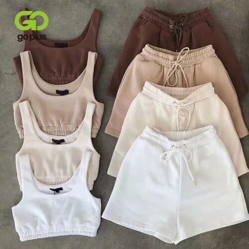 GOPLUS Shorts Sets Crop Tops Women 2021 Summer Two Piece Set Short Womens Sleeveless Outfits Tank Top White Shorts Femme C11234