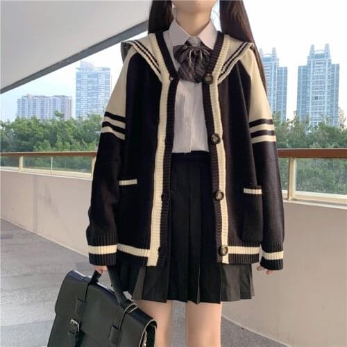 Women Sweater Japanese Sweet Refresh Preppy Style Sweaters Sailor Collar Keep Knitting Cardigan Loose Student Contrast Sweater
