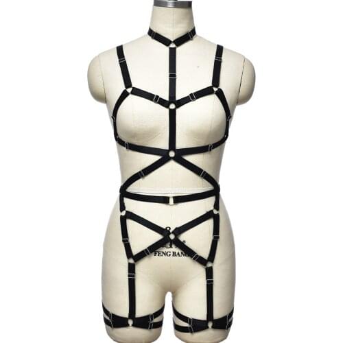 Goth Bondage Body Harness Stockings Garter Belt Women Open Chest Harness Bra Crop Top Body Cage Fetish Rave Sexy Lingerie Set