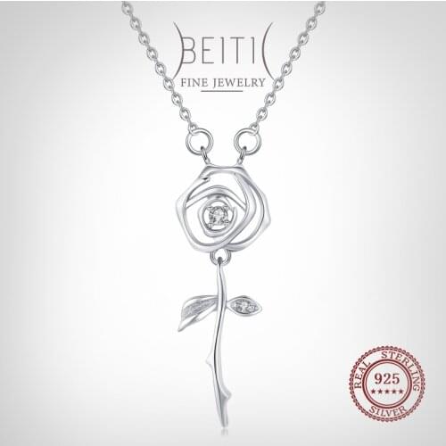 Beitil Fashion 925 Sterling Silver Romantic Rose Flower Clear Zircon Pendant Necklace For Women Romantic charm Wedding Jewelry