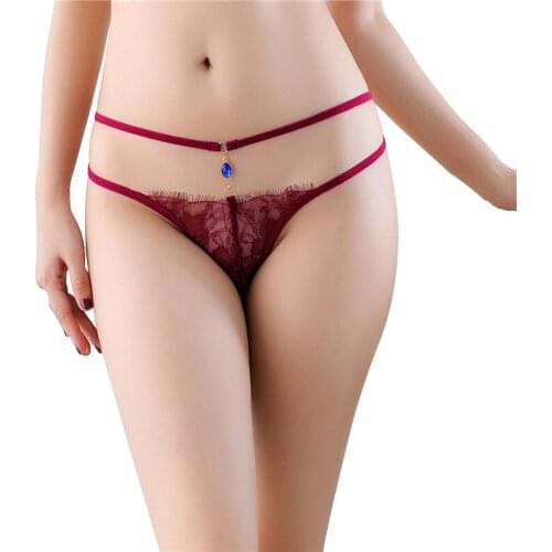 Women Sexy Lingerie Erotic Cute Panties Open Crotch Porn Floral Lace Underwear Crotchless Flirty G String with Gemstone Pendant