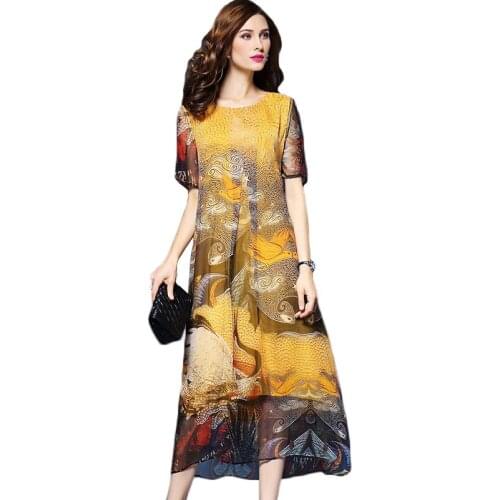 2021 Summer High Quality Silk Dress Womens New Loose Print Dress Female Large Size Sexy Dresses Womens Vintage Dress