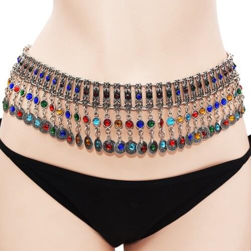 Vintage Silver Color Metal Full Crystal Rhinestone Belly Dance Costume Boho Coin Tassel Waist Body Chain Women Body Jewelry