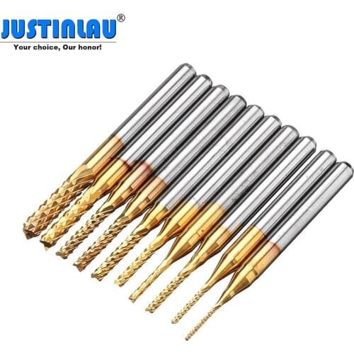 JUSTINALAU 10Pcs 0.8-3mm Titanium Coated Engraving Milling Cutter Carbide Bits