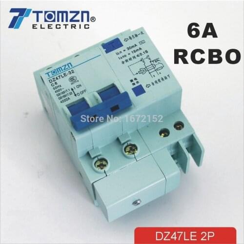 DZ47LE 2P 6A 230V~ 50HZ/60HZ Residual current Circuit breaker with over current and Leakage protection RCBO