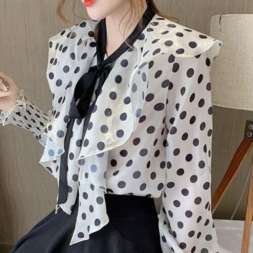 Blusas Mujer De Moda 2021 Blouse Women Ruffles V-neck Dot Chiffon Blouse Shirt Women Tops Long Sleeve Women Blouses Shirts D486