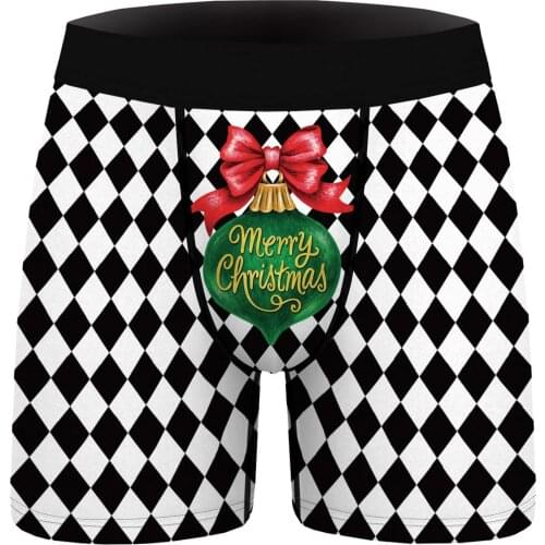 Men Plaid Print Boxer Brief Christmas Gift Breathable Mid Waist Underpants Elastic Waistband Shorts Underwear