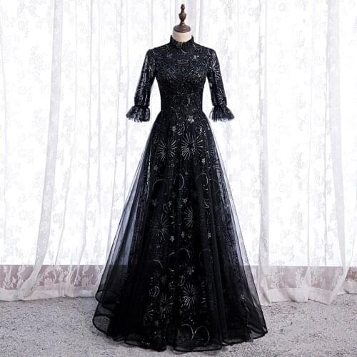 Black Sequins Evening Dress Beads High Neck Elegant Half Sleeves Pleat A-Line Floor-Length Tulle Party Formal Gown Woman B359