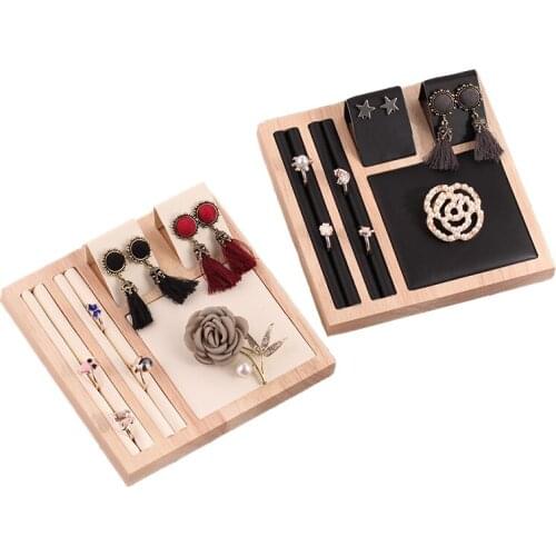 Wood 3 In 1 Rings Bracelet Earrings Jewelry Display Stand Set PU Leather Jewelry Organizer Holder Showcase 15cm*15cm*1.5cm
