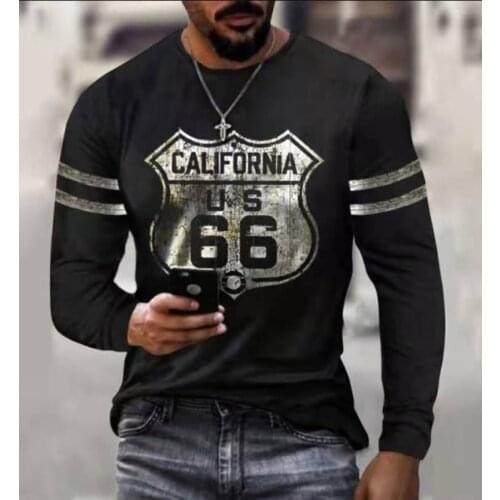 Retro 3D Print T Shirt Men Spring Autumn Oversize Tees 66 Road Car Motorcycle Rider Pattern Long Sleeve T Shirt For Male Clothes