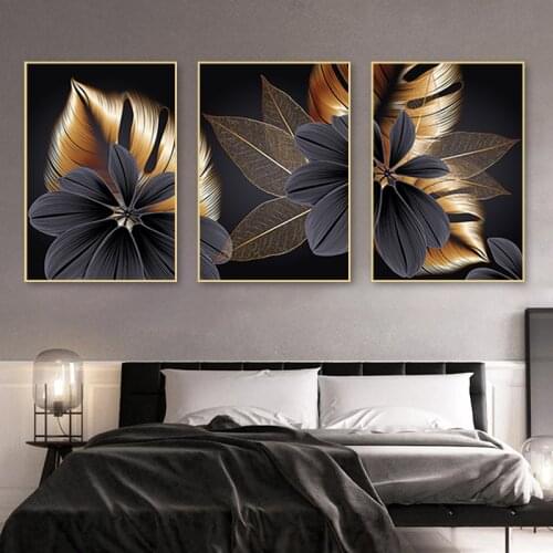 Black Golden Plant Leaf Canvas Painting Modern Home Decor Wall Art Nordic Poster Print Flower Picture for Living Room Decoration