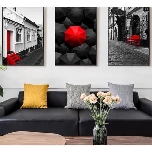 Nordic Style London Street Canvas Painting Black White Red Umbrella Pictures for Living Room Home Wall Art Decoration No Frame