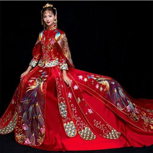 Red Traditional Chinese Wedding Gown 2019 Ladies New Fashion Cheongsam Long Dress Qipao Vestido Oriental Style Dresses