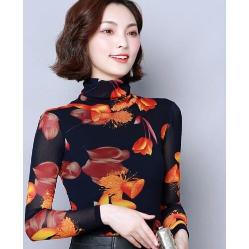 Women Spring Autumn Style Slim Lace Blouses Shirts Lady Casual Sexy Slim Turtleneck Flower Printed Lace Blusas Tops DD8083