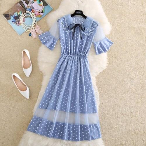 Summer Fake Two Dress Women Fashion Net yarn Splicing Flared Sleeves Dress Female Student Doll Collar Dress girl Dress Vestidos