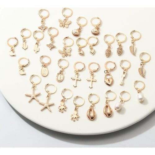 Fashionable Women Alloy Leaf Pearl Asymmetric Golden Heart Lock Key Starfish Shell Butterfly Drop Earrings Jewelry For Girls