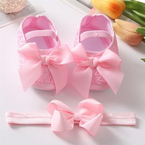 Soft Sole Flower Newborn Baby Girl Christening Shoes Headband Set 2021 Lovely Princess Lace Bowknot Infant Non Slip First Walker