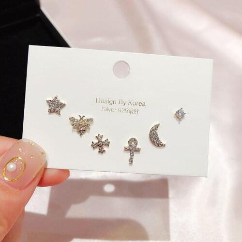 Earrings Set 100% 925 Silver Cool Zircon Micro-Density Ear Stud Six-Piece Set the Moon and the Stars Cross