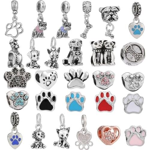 2Pcs/Lot 28 Styles Lovely Animal Dog Bone Paw Charm Beads Pendant Fit DIY Brand Bracelets Necklace For Women Kids Jewelry Making