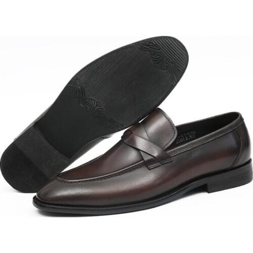 Autumn Pointed Toe Men Genuine Leather Shoes British Vintage Slip On Brown Formal Dress Shoes Brand Office Casual Shoes Male