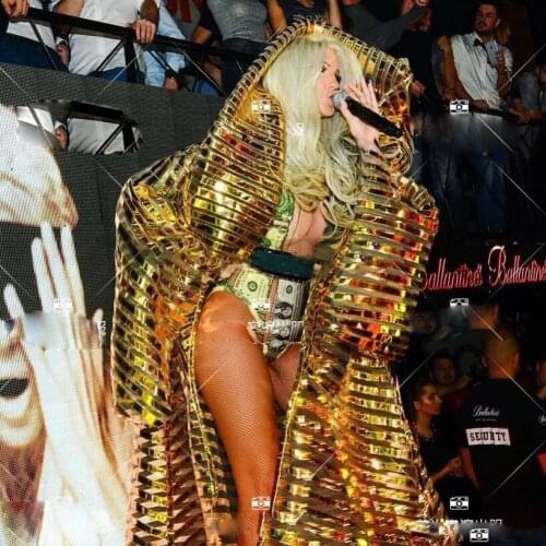 Sexy singer technology show stage dance wear Golden striped metallic cape future party gold coat costume